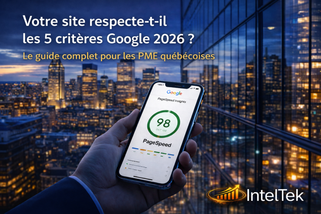 Votre site respecte-t-il les 5 critères Google 2026 pour les PME québécoises – score PageSpeed 98 affiché sur mobile, skyline Montréal – IntelTek