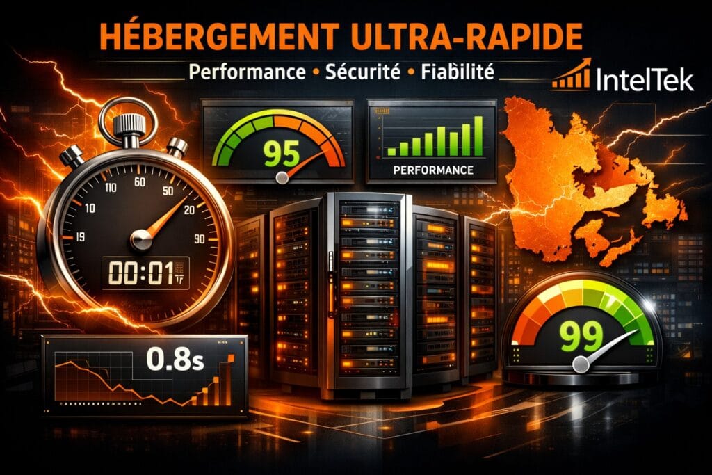 Hébergement ultra-rapide et géré 249$/an par IntelTek au Québec avec serveurs performants, indicateurs de vitesse 90+ et monitoring avancé