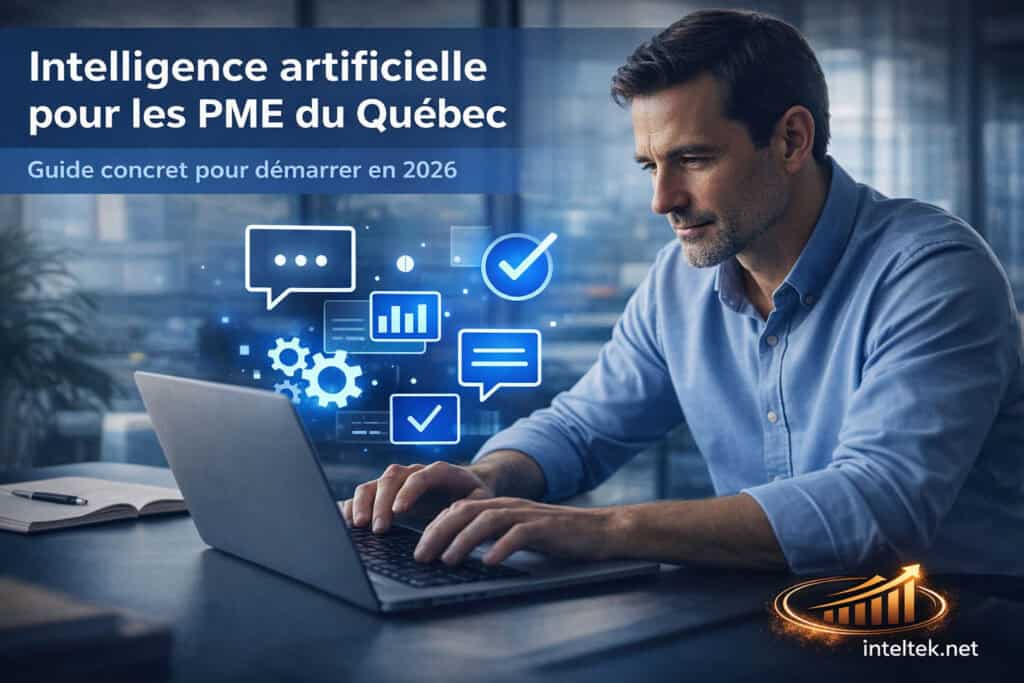 Intelligence artificielle pour les PME du Québec – entrepreneur travaillant avec outils IA dans un bureau moderne à Montréal