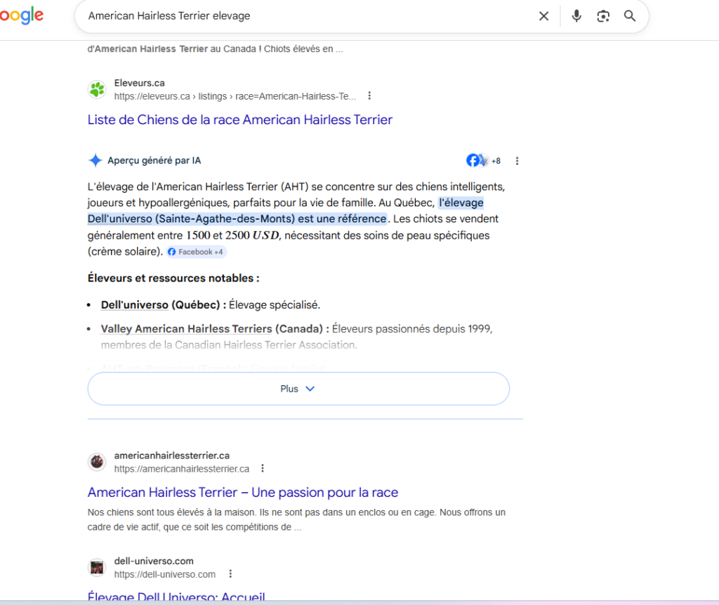 Résultats Google - American Hairless Terrier elevage - Dell Universo aperçu IA Google