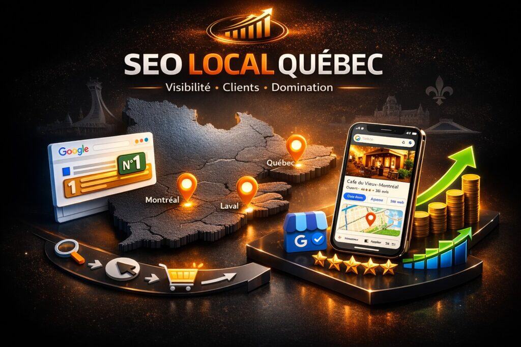 Infographie SEO local au Québec par IntelTek montrant position #1 Google, Google Maps et croissance clients à Montréal, Laval et Québec.