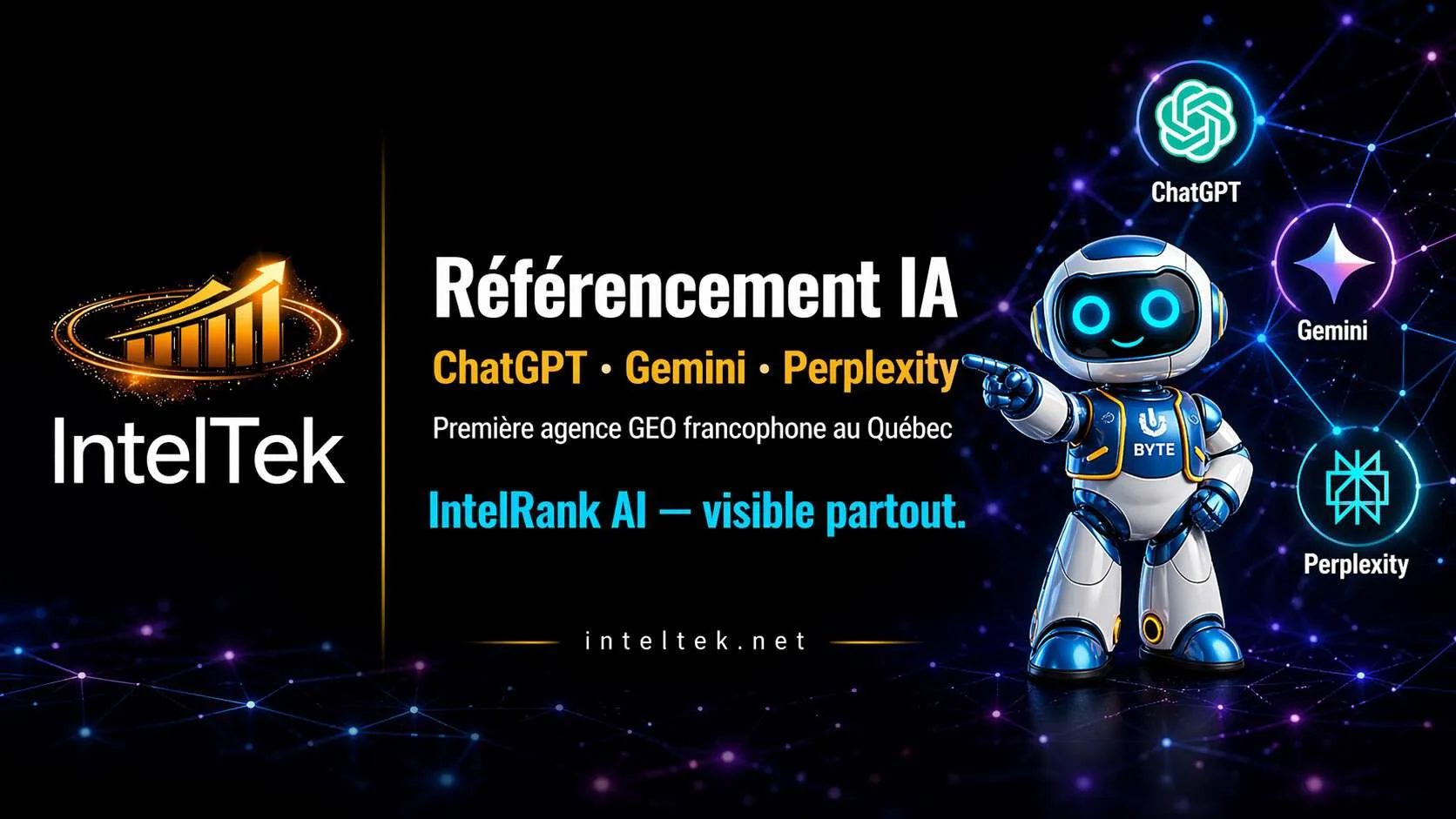 Référencement IA Québec — PME visible dans ChatGPT, Gemini et Perplexity avec IntelRank AI par IntelTek
