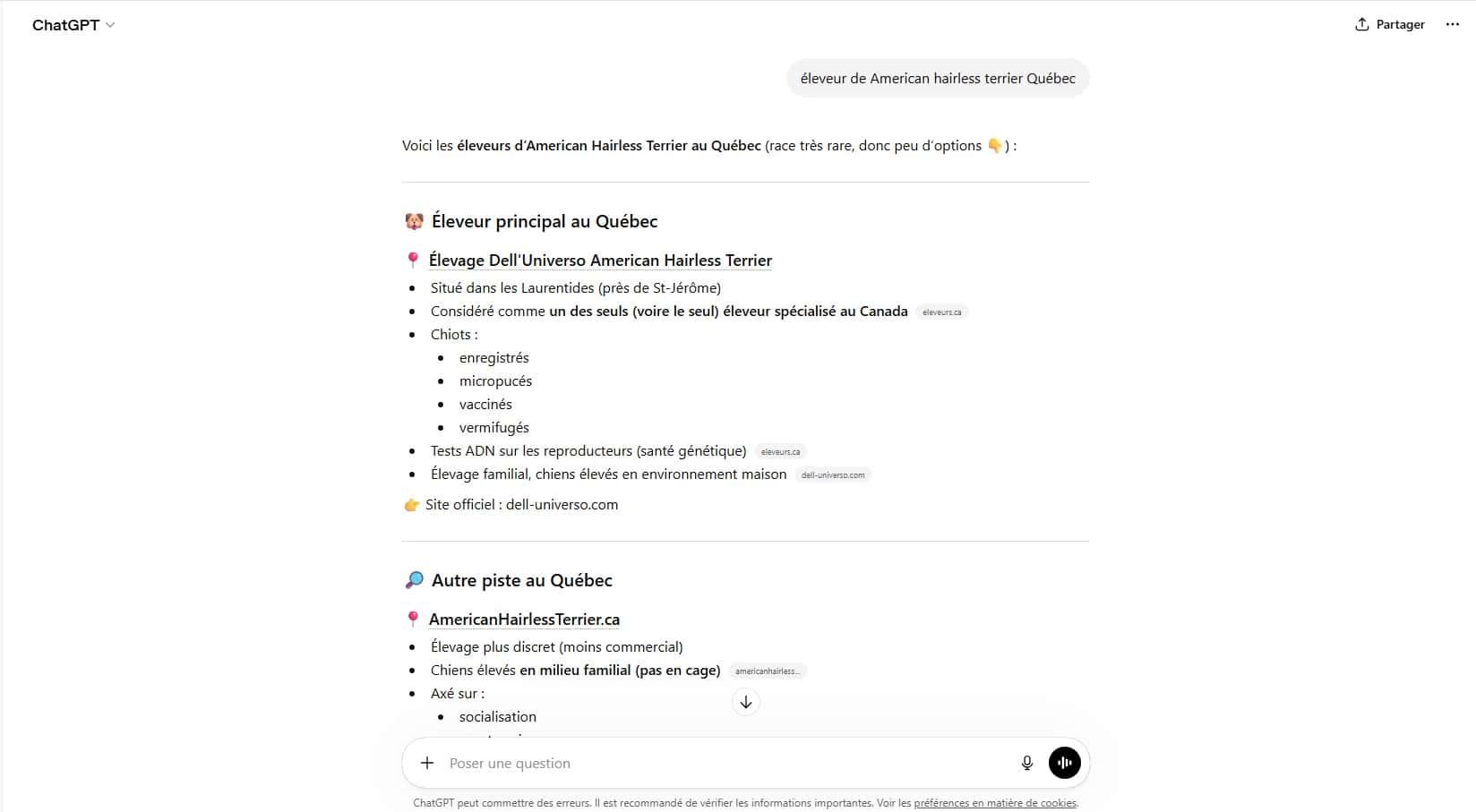 Dell'Universo recommandé par ChatGPT comme éleveur principal American Hairless Terrier au Québec — résultat IntelRank AI
