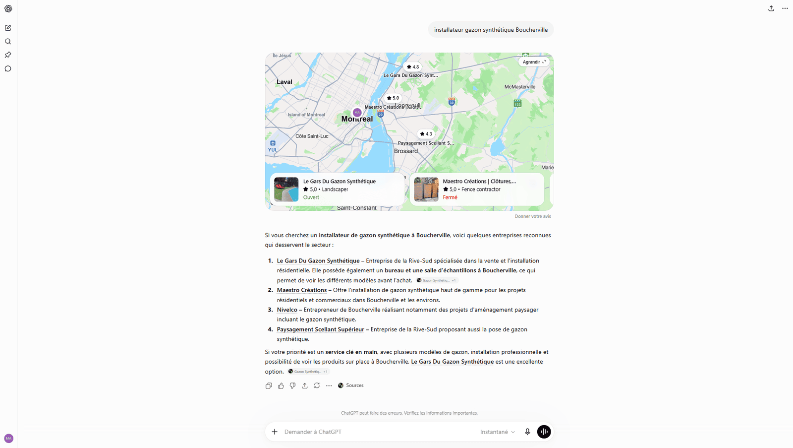 Réponse de ChatGPT à la requête « installateur gazon synthétique Boucherville » — Le Gars Du Gazon Synthétique cité en première position parmi les entreprises recommandées