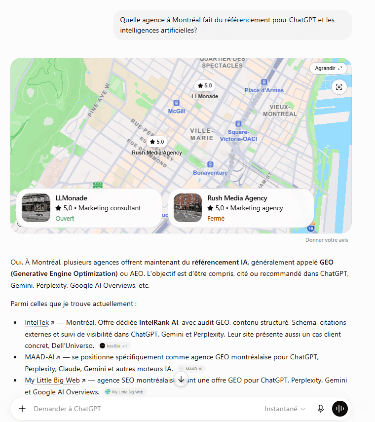 Réponse de ChatGPT citant IntelTek en premier parmi les agences de référencement IA et GEO à Montréal, avec IntelRank AI et le cas client Dell'Universo