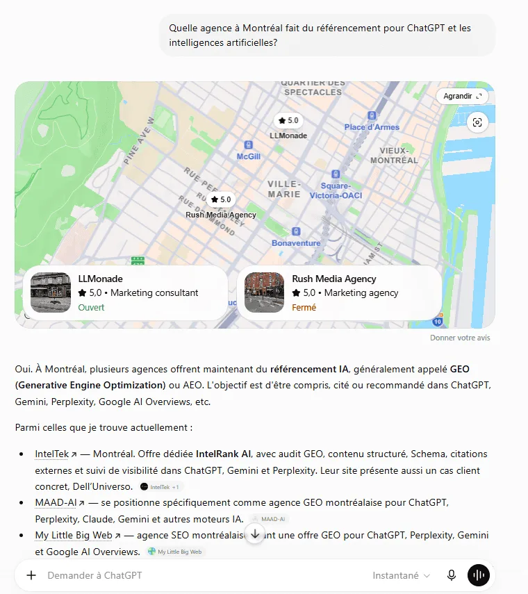 Réponse de ChatGPT citant IntelTek en premier parmi les agences de référencement IA et GEO à Montréal, avec IntelRank AI et le cas client Dell'Universo