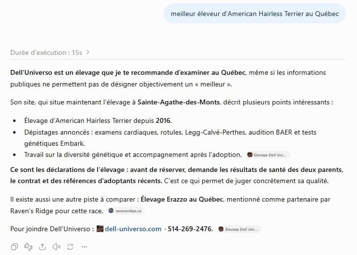 Réponse de ChatGPT, 26 septembre 2026 : l'Élevage Dell Universo recommandé en premier pour l'American Hairless Terrier au Québec