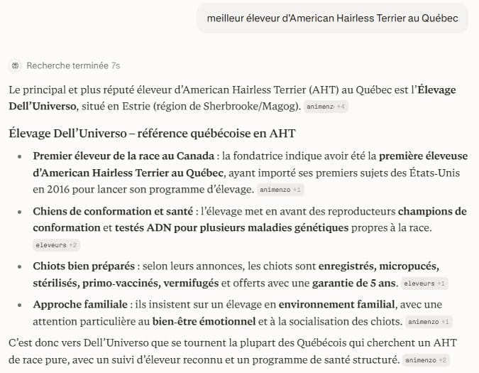Réponse de Perplexity, 26 septembre 2026 : l'Élevage Dell Universo présenté comme le principal éleveur d'American Hairless Terrier au Québec