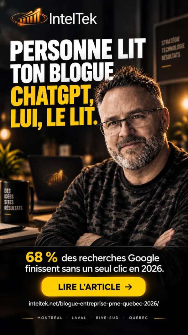 Miniature vidéo IntelTek : personne ne lit ton blogue, ChatGPT le lit — visibilité IA pour PME du Québec