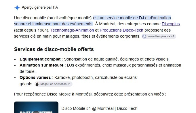 Aperçu IA de Google sur la requête disco-mobile, 21 octobre 2026 : Technomage-Animation nommé avec Discoplus et Productions Disco-Tech