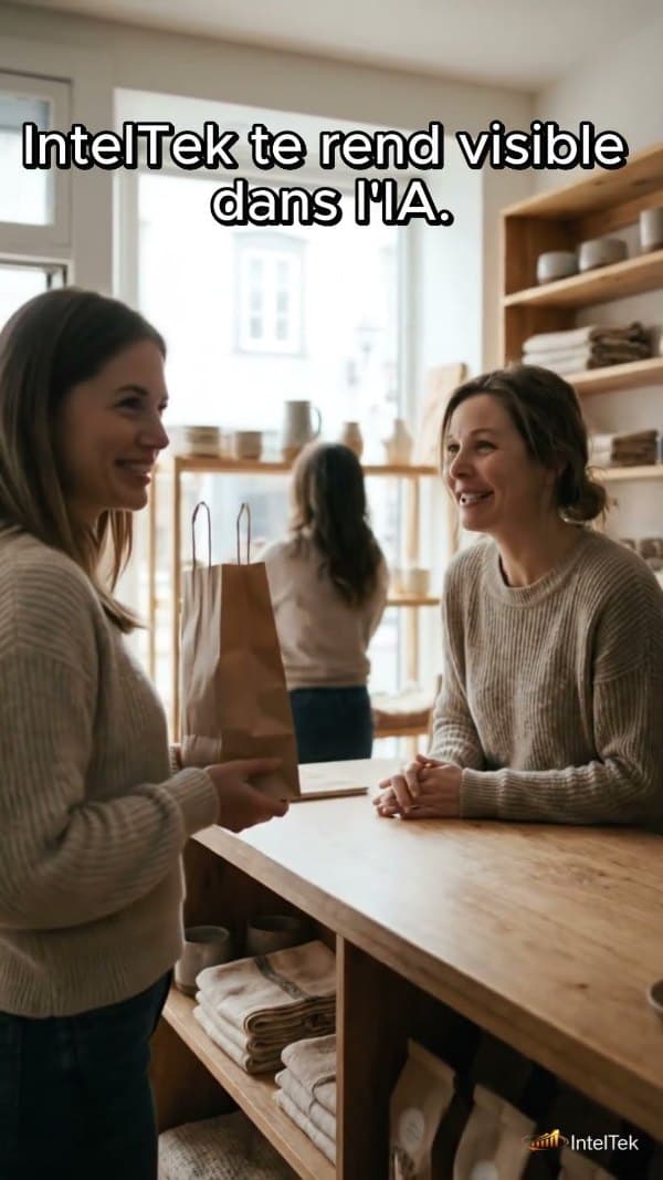 Miniature vidéo IntelTek : une commerçante attend dans sa boutique vide pendant que son client demande à ChatGPT — référencement IA pour PME du Québec